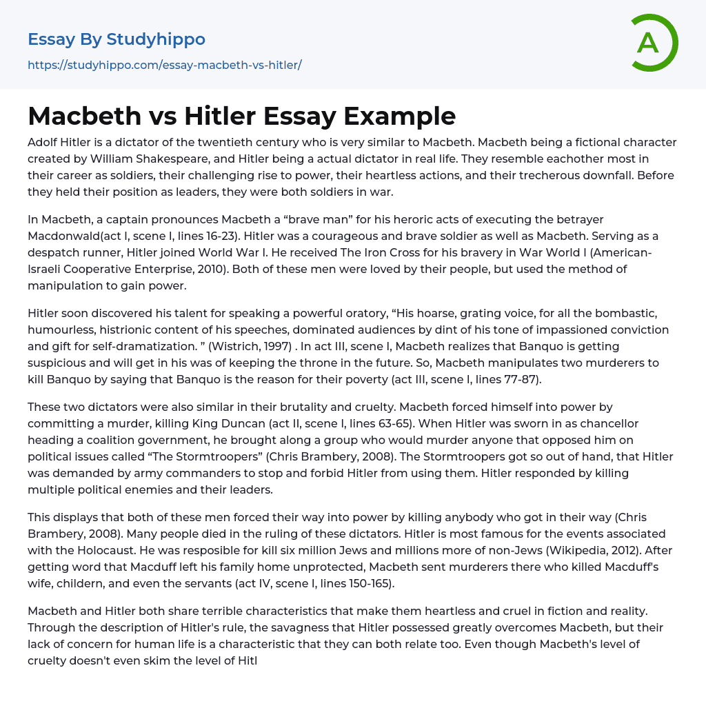 Macbeth vs Hitler Essay Example