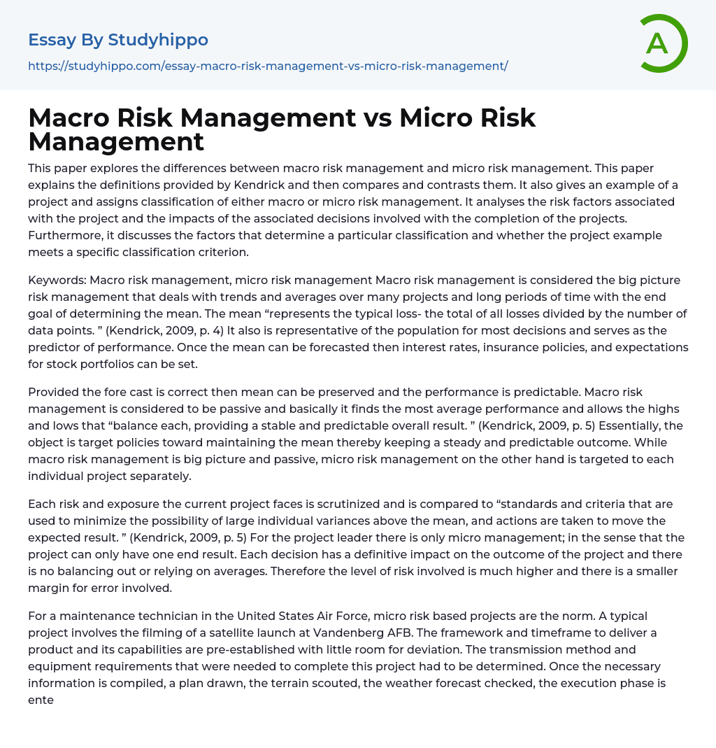 Macro Risk Management vs Micro Risk Management Essay Example