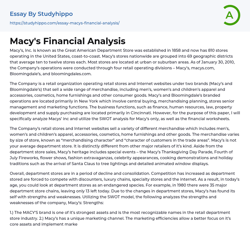 Macy’s Financial Analysis Essay Example