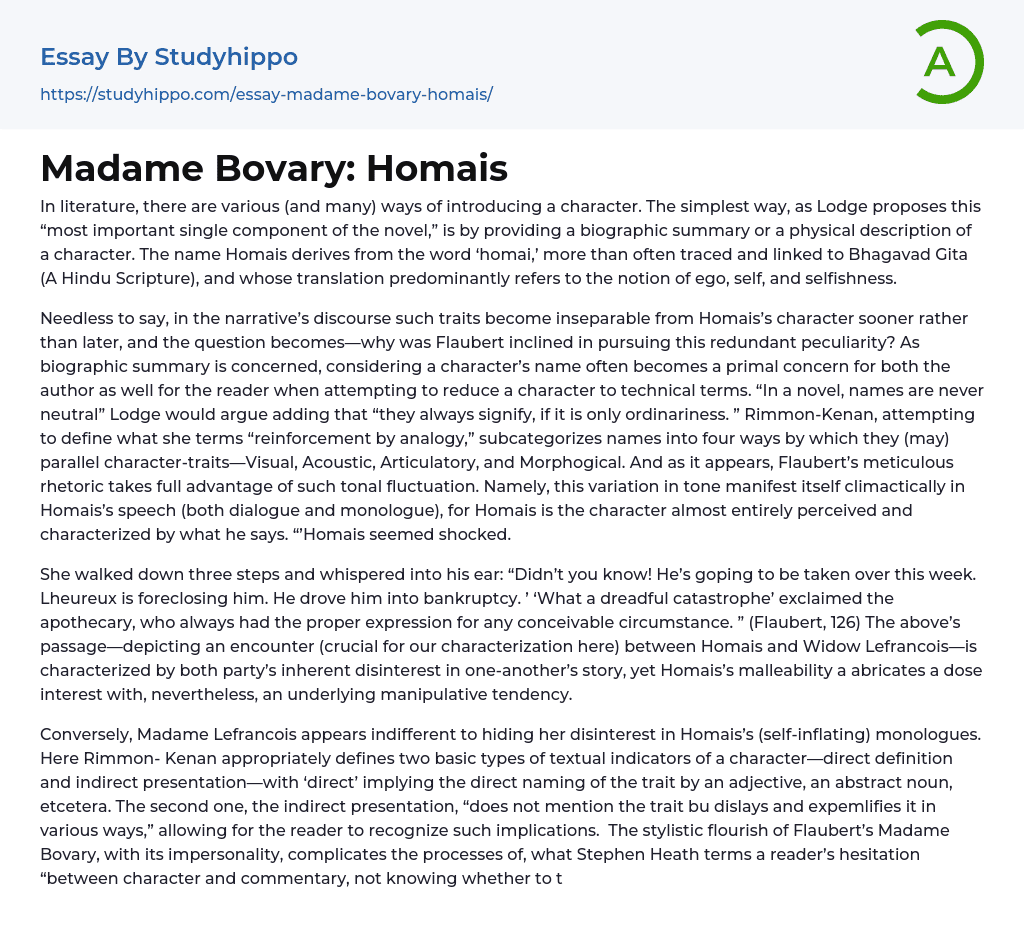 Madame Bovary: Homais Essay Example