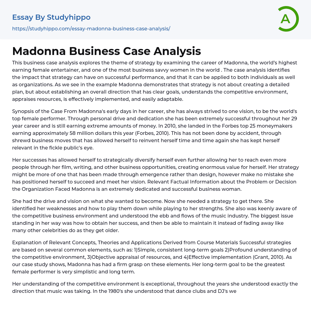 Madonna Business Case Analysis Essay Example