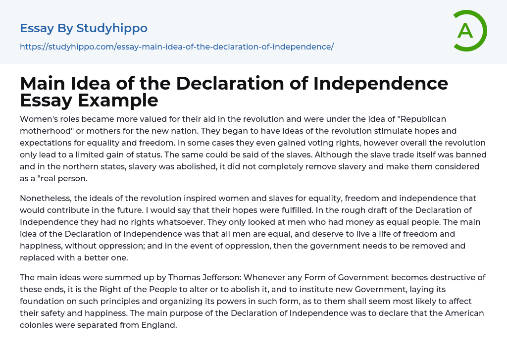 Main Idea of the Declaration of Independence Essay Example