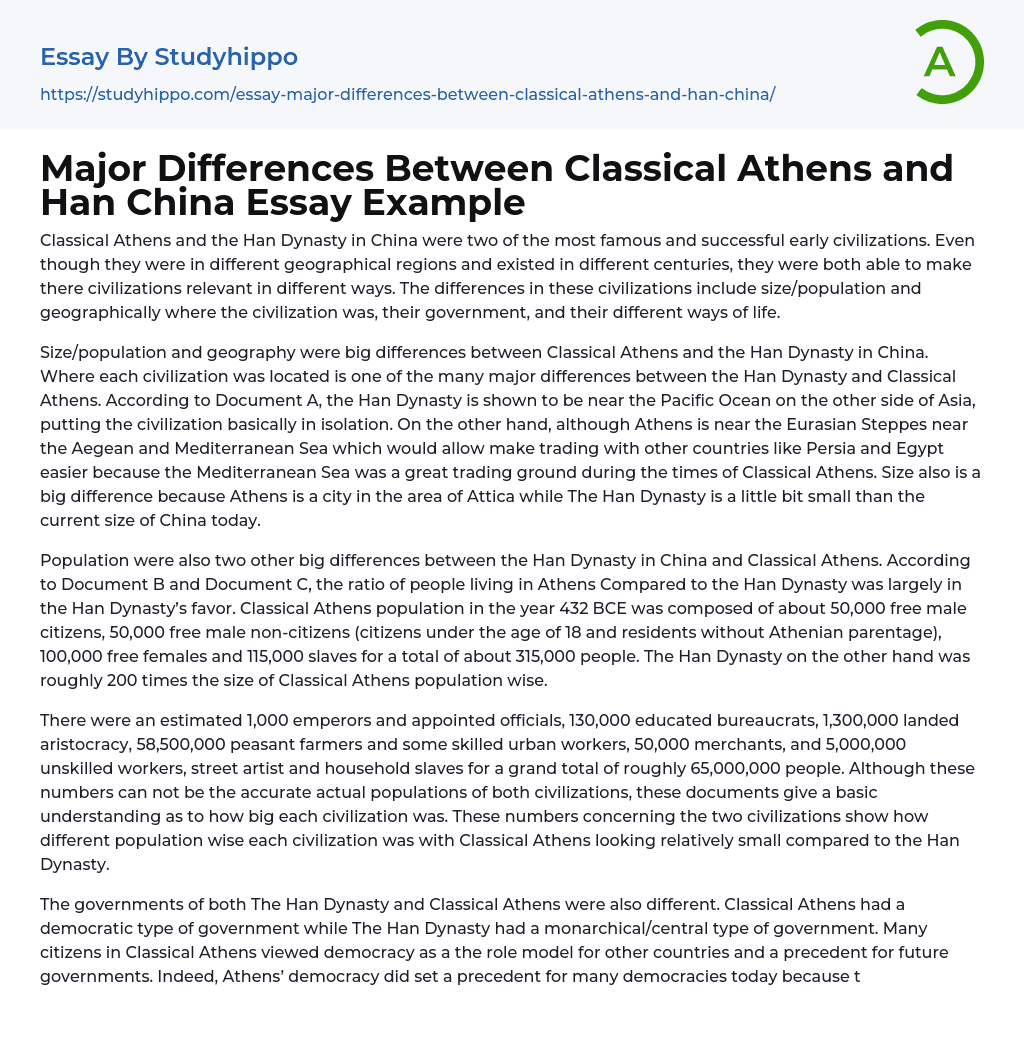 Major Differences Between Classical Athens and Han China Essay Example