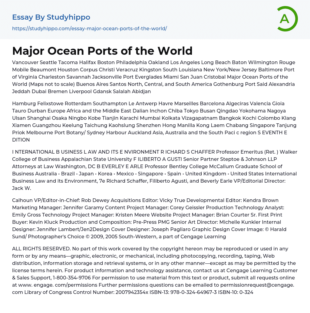 Major Ocean Ports of the World Essay Example