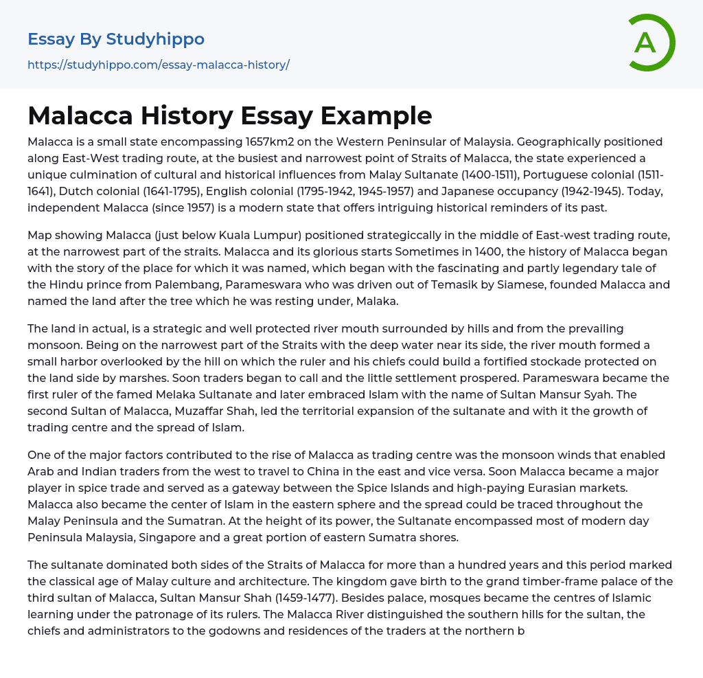 Malacca History Essay Example