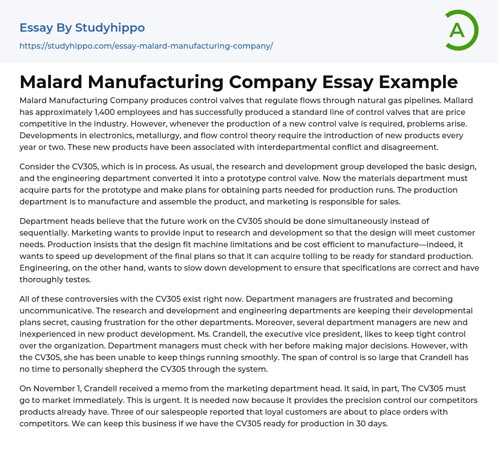 Malard Manufacturing Company Essay Example