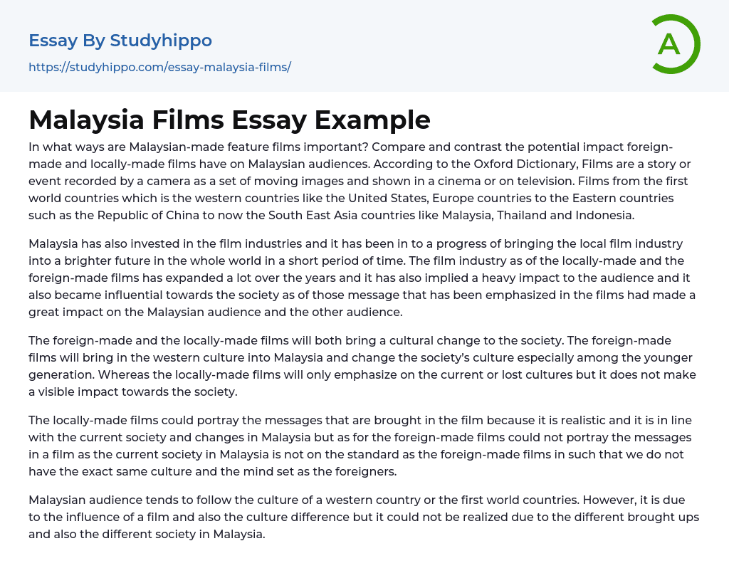 Malaysia Films Essay Example