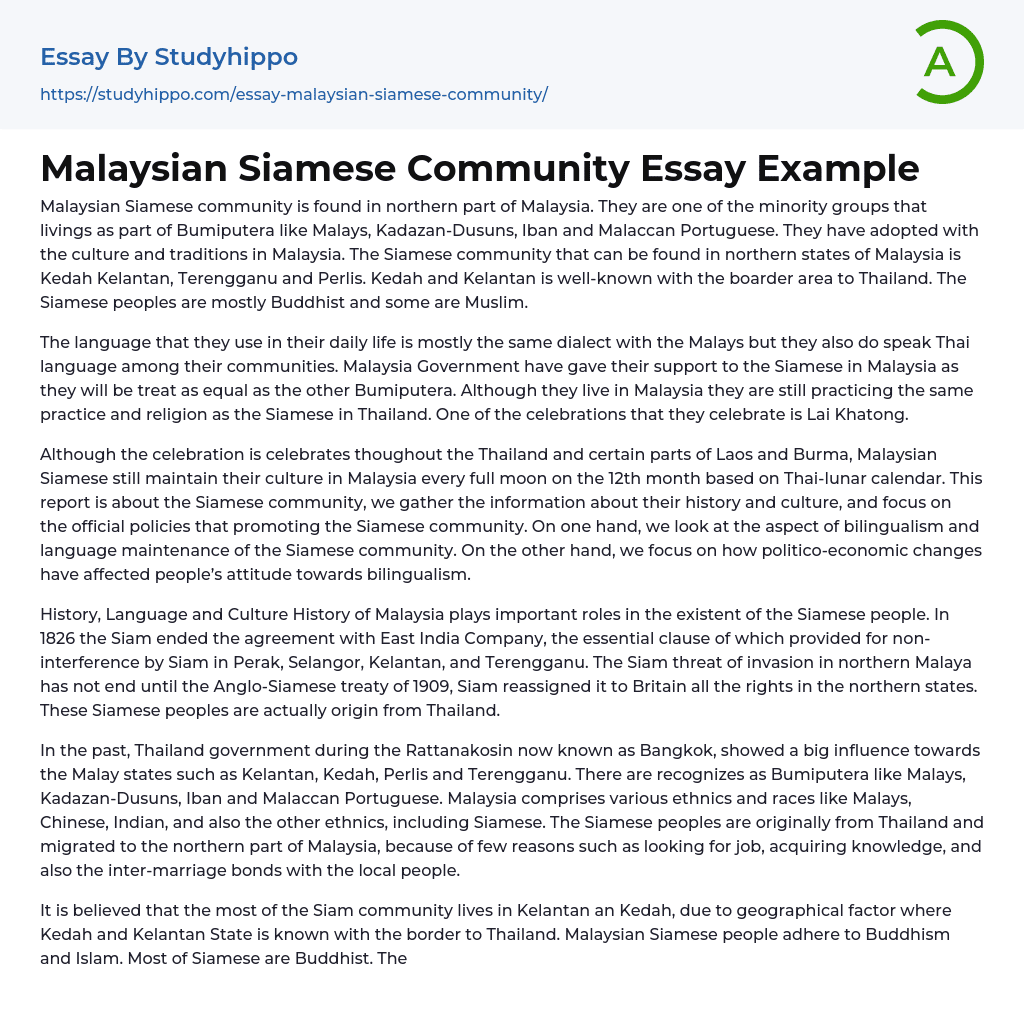 Malaysian Siamese Community Essay Example
