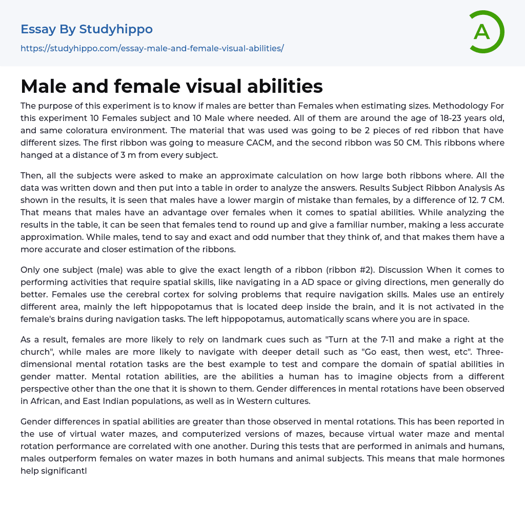Male and female visual abilities Essay Example