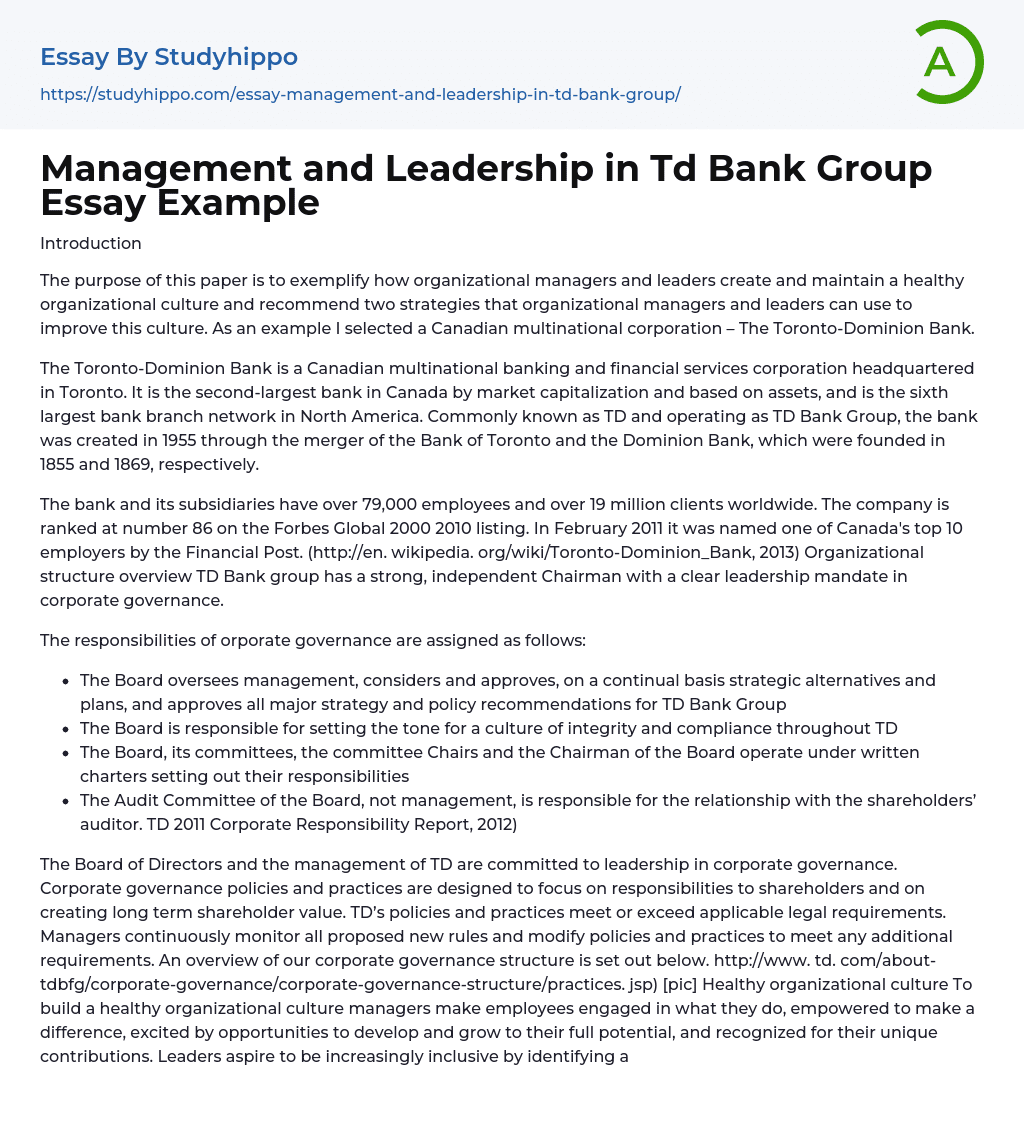 Management and Leadership in Td Bank Group Essay Example