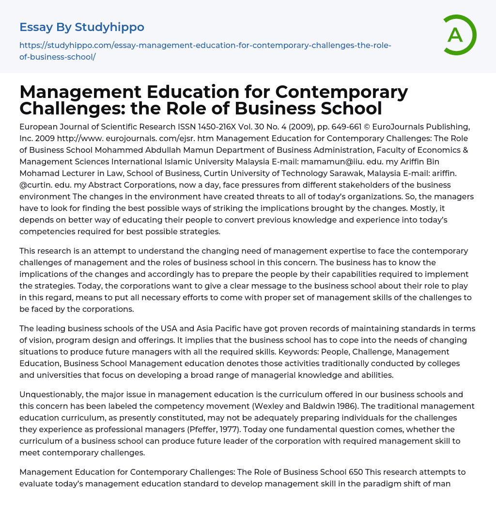 Management Education for Contemporary Challenges: the Role of Business School Essay Example