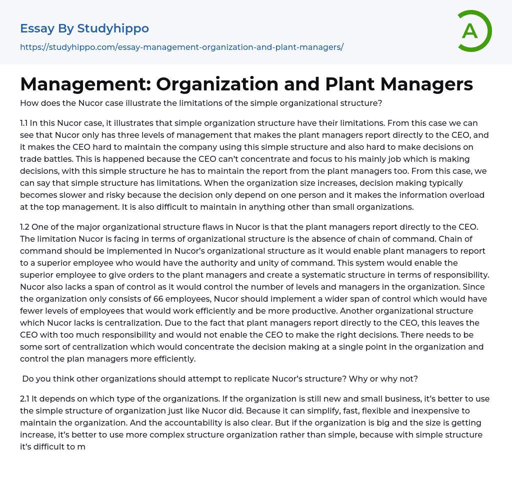 Management: Organization and Plant Managers Essay Example