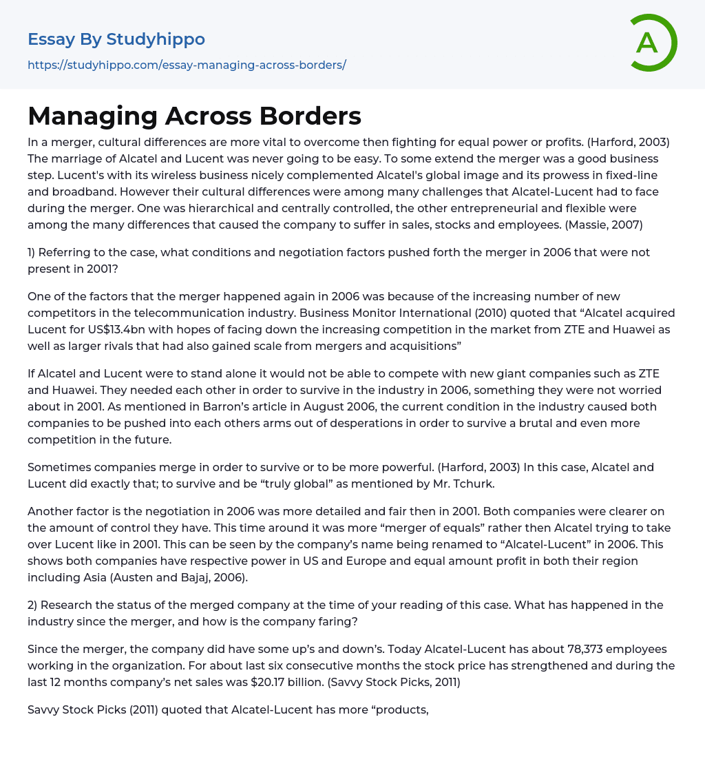 Managing Across Borders Essay Example