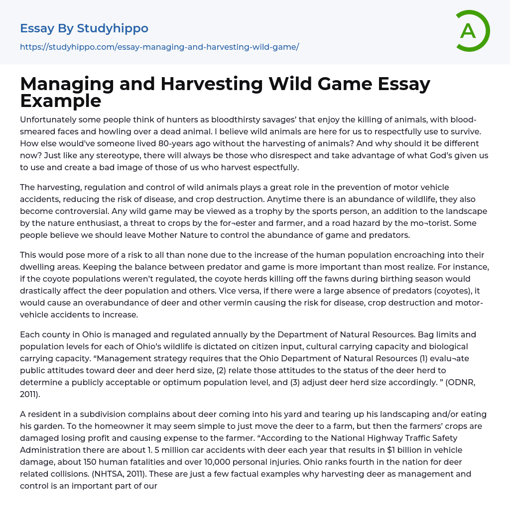 Managing and Harvesting Wild Game Essay Example