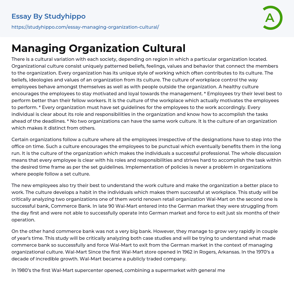Managing Organization Cultural Essay Example