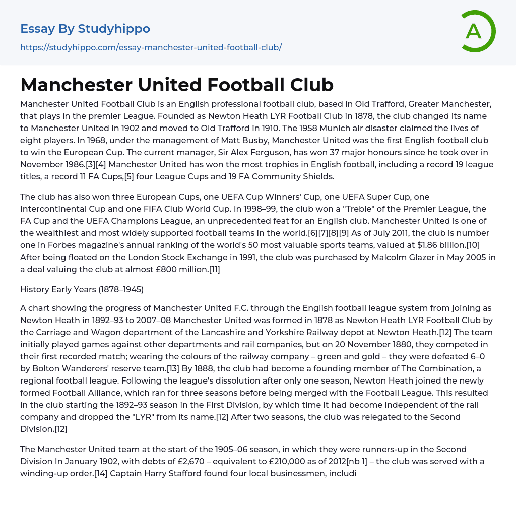 Manchester United Football Club Essay Example