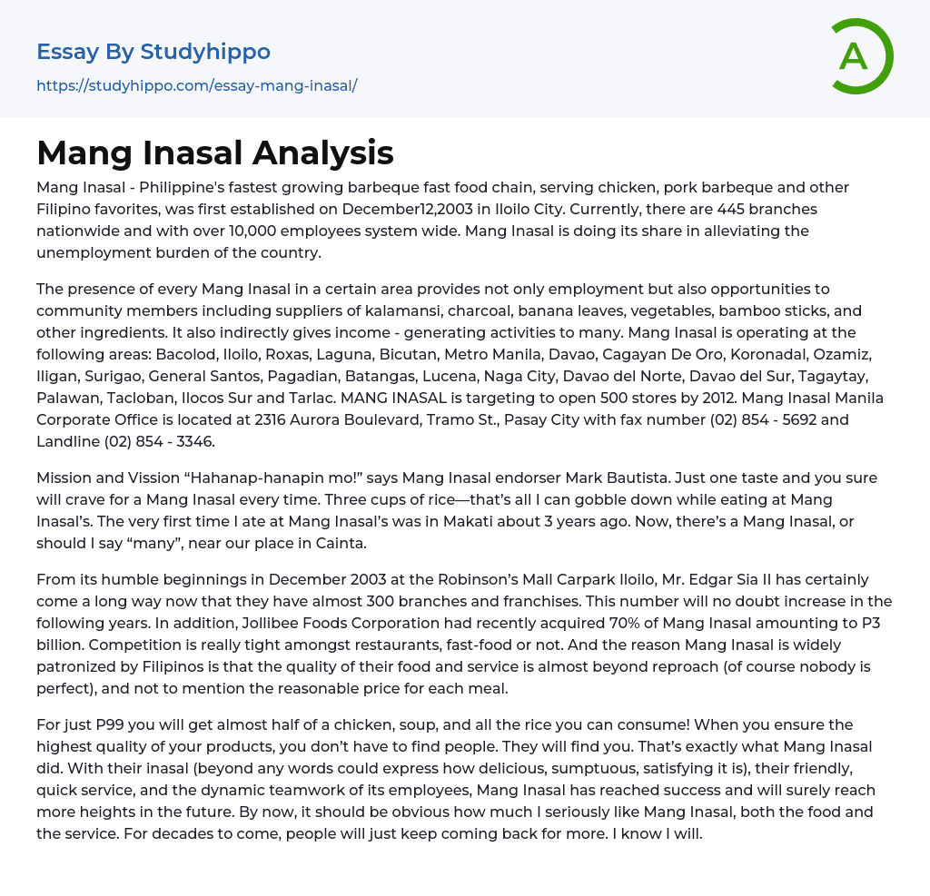 Mang Inasal Analysis Essay Example