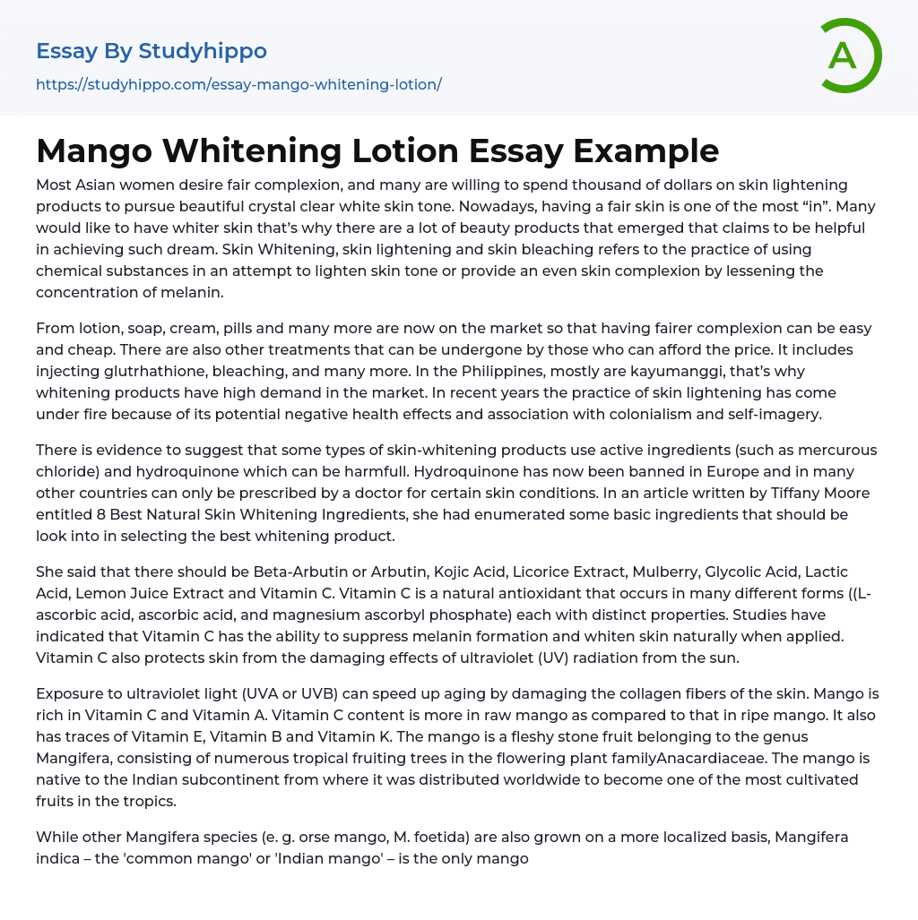 Mango Whitening Lotion Essay Example