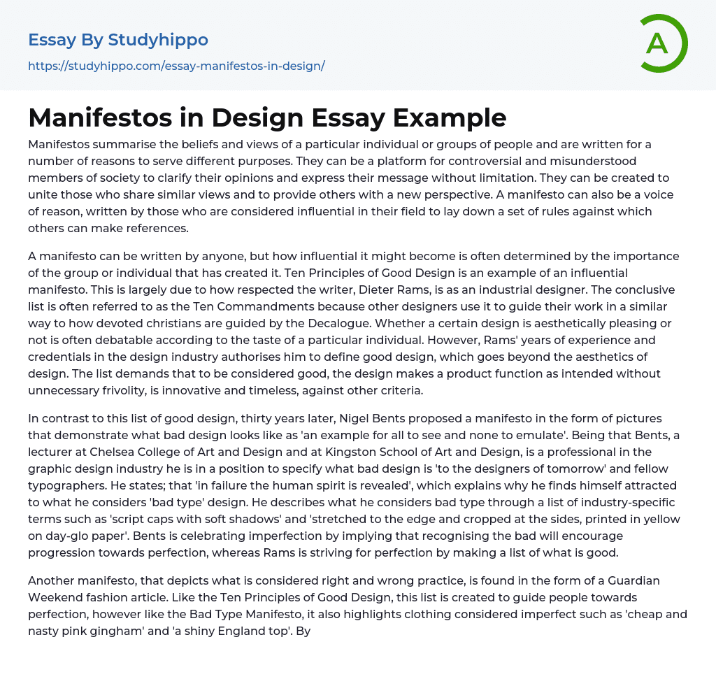 Manifestos in Design Essay Example