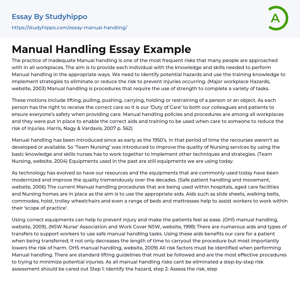 Manual Handling Essay Example