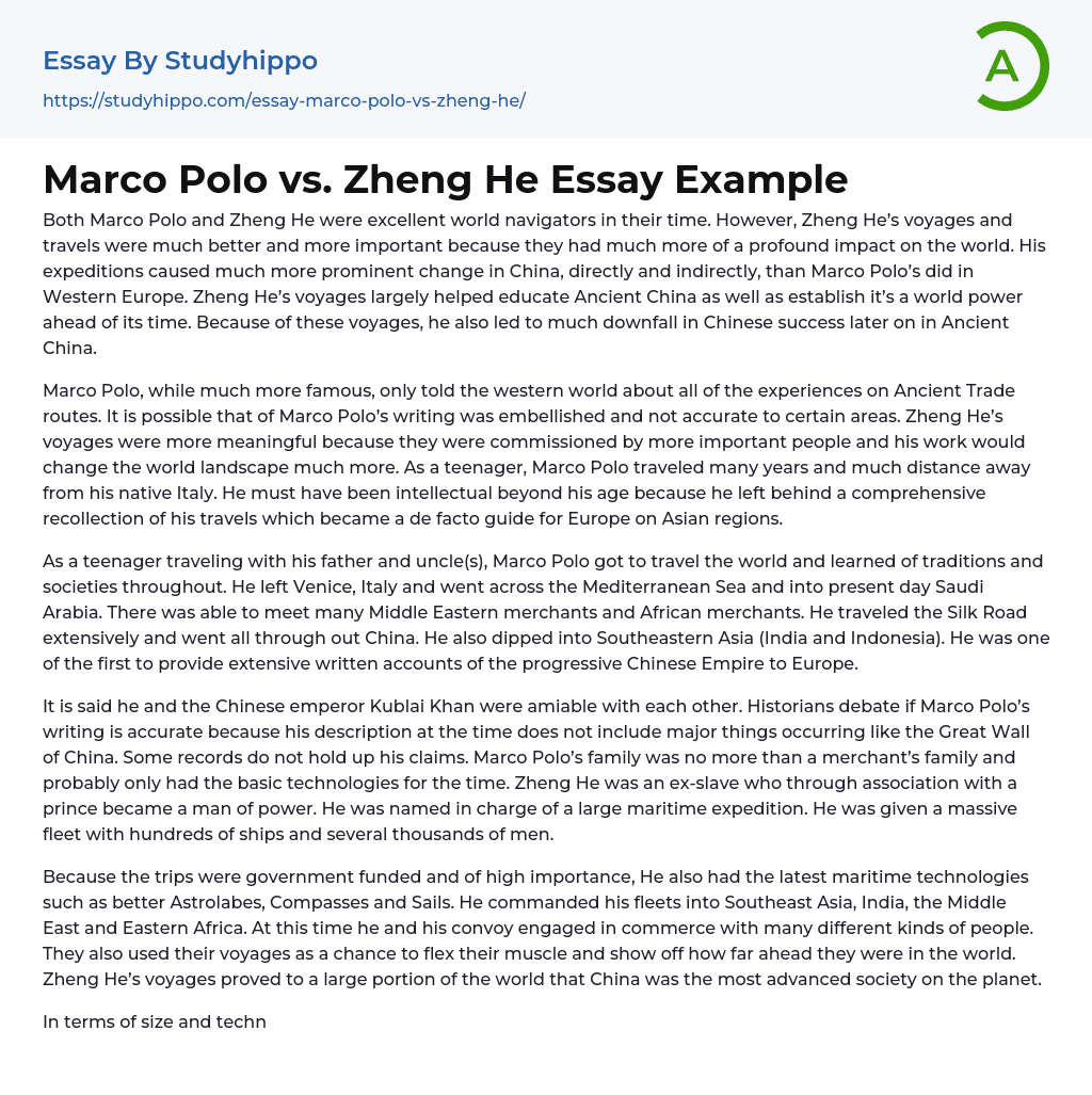 Marco Polo vs. Zheng He Essay Example