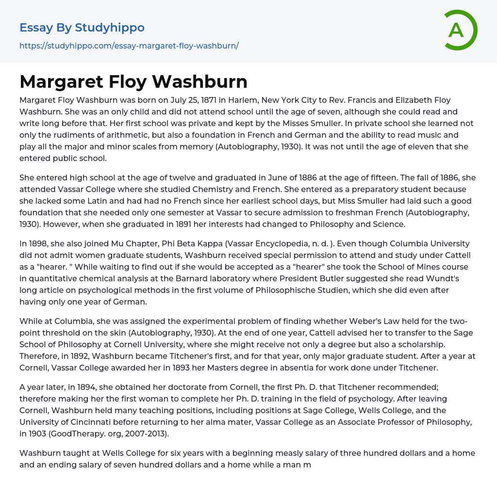 Margaret Floy Washburn Essay Example