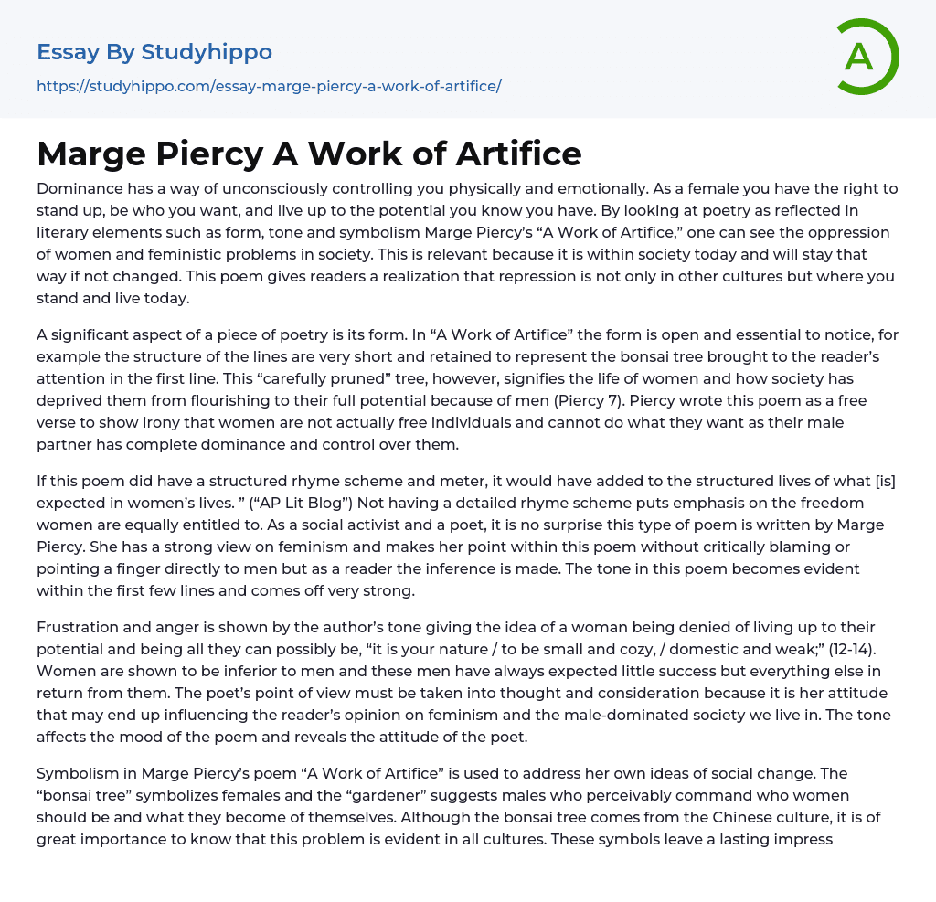 Marge Piercy A Work of Artifice Essay Example