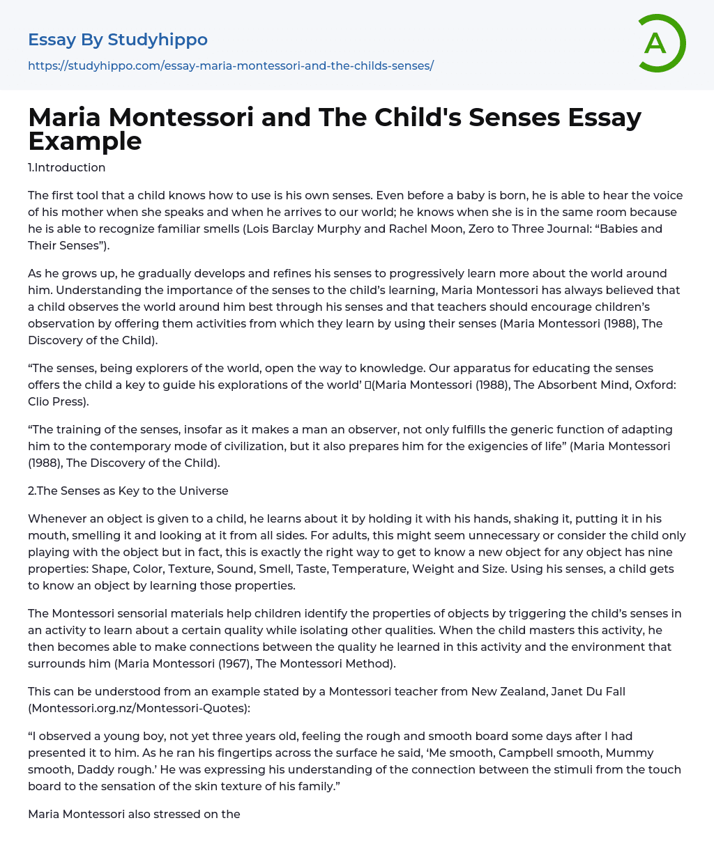 Maria Montessori and The Child’s Senses Essay Example