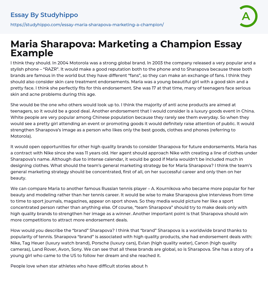 Maria Sharapova: Marketing a Champion Essay Example