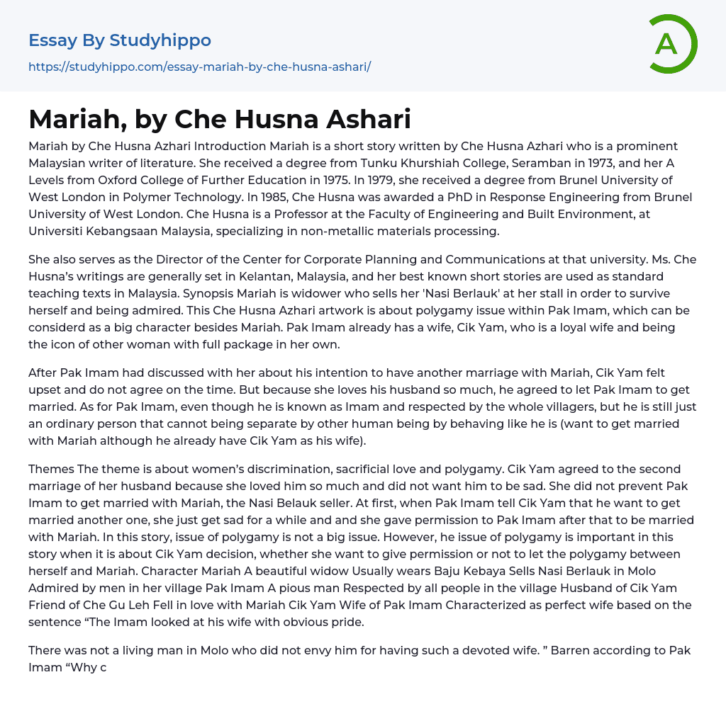 Mariah, by Che Husna Ashari Essay Example