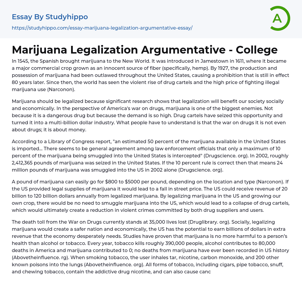 Marijuana Legalization Argumentative – College Essay Example