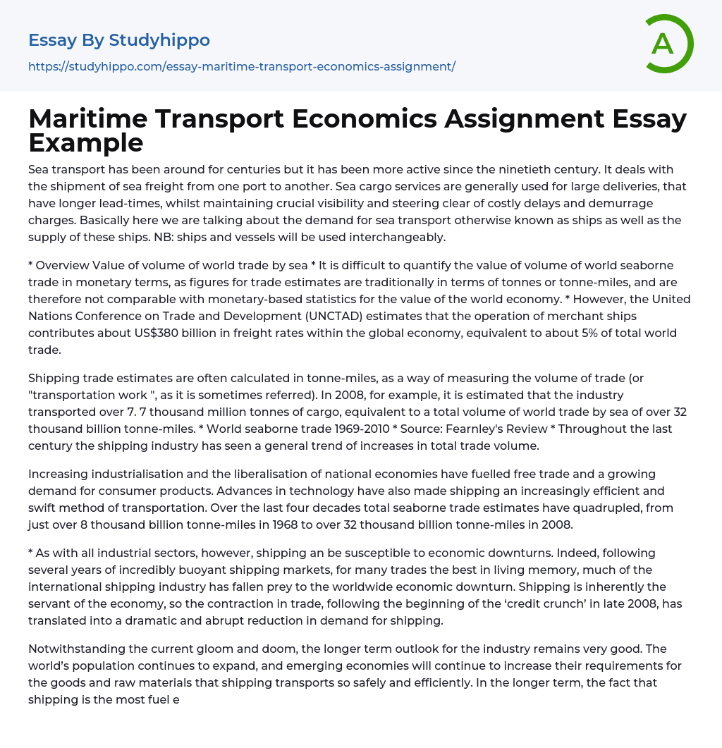 Maritime Transport Economics Assignment Essay Example
