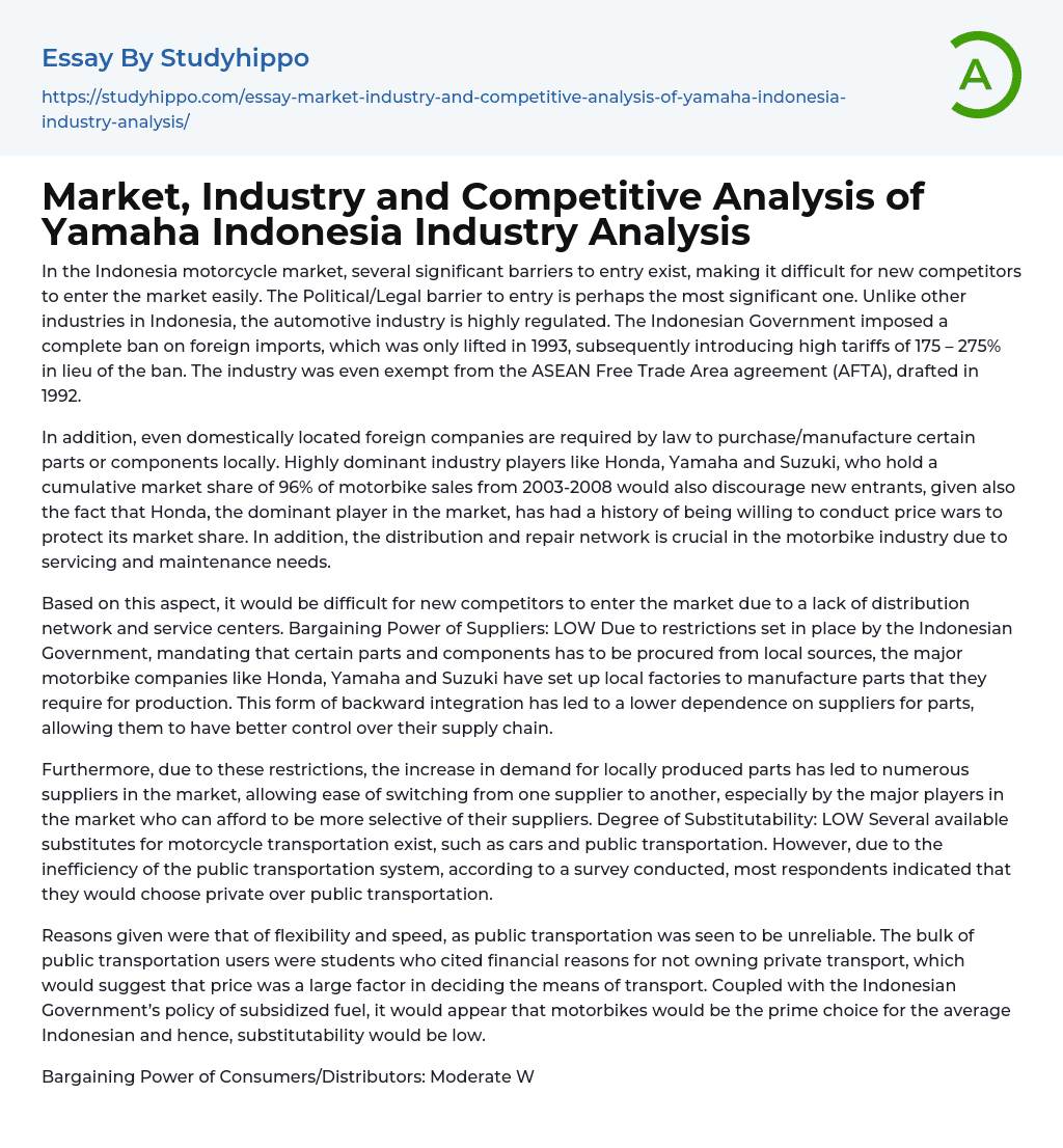 Market, Industry and Competitive Analysis of Yamaha Indonesia Industry Analysis Essay Example