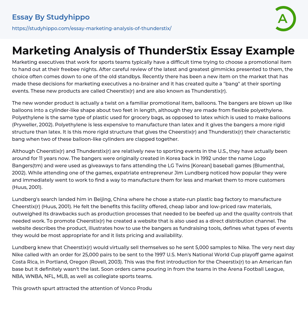 Marketing Analysis of ThunderStix Essay Example