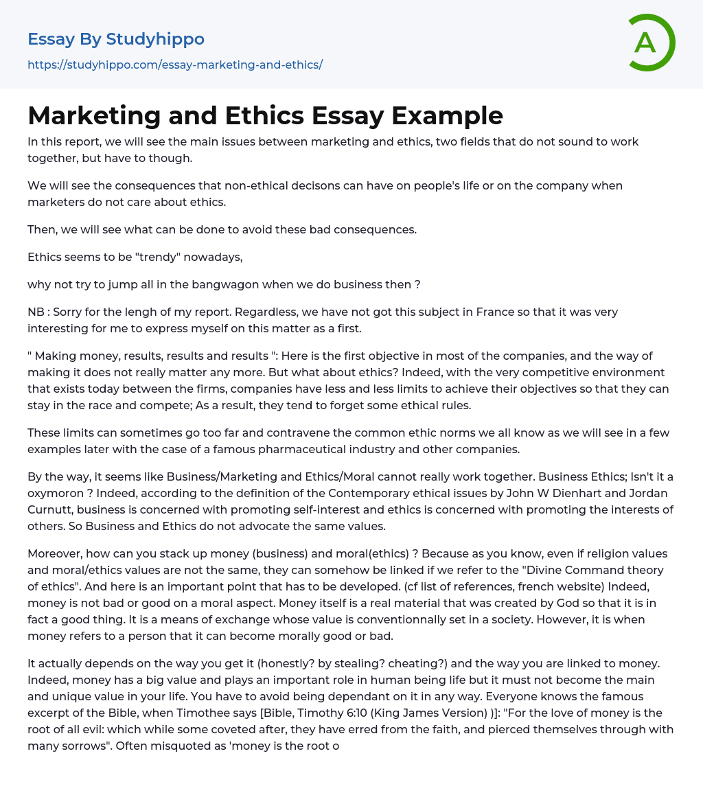 Marketing and Ethics Essay Example