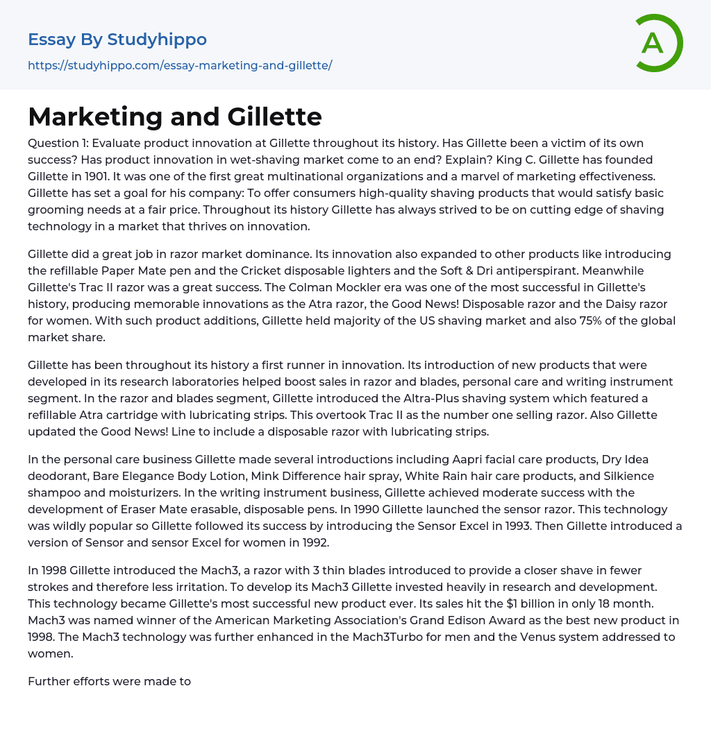 Marketing and Gillette Essay Example