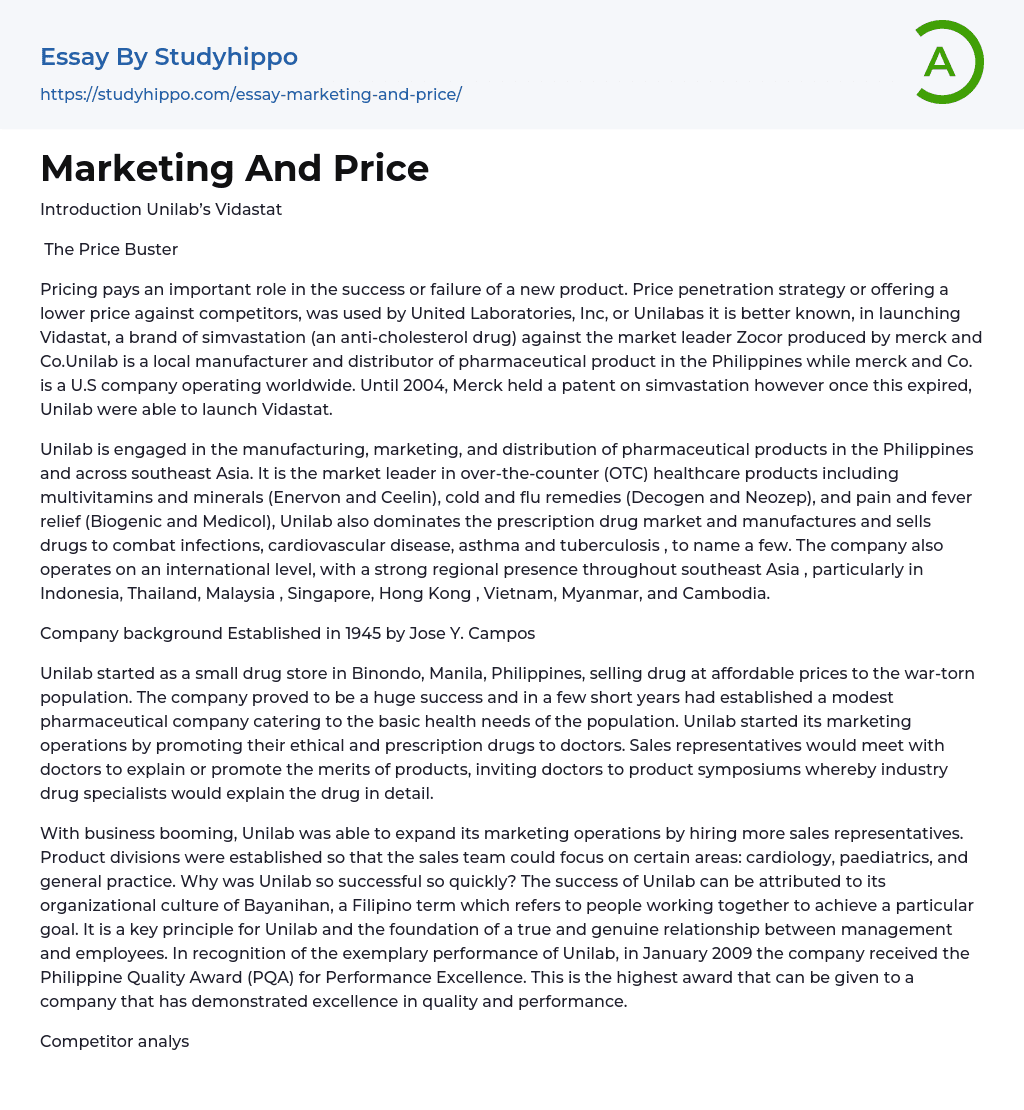 Marketing And Price Essay Example