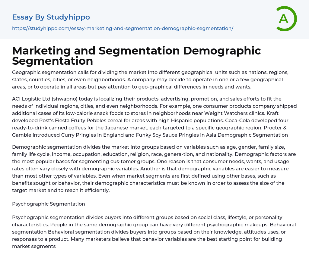 Marketing and Segmentation Demographic Segmentation Essay Example