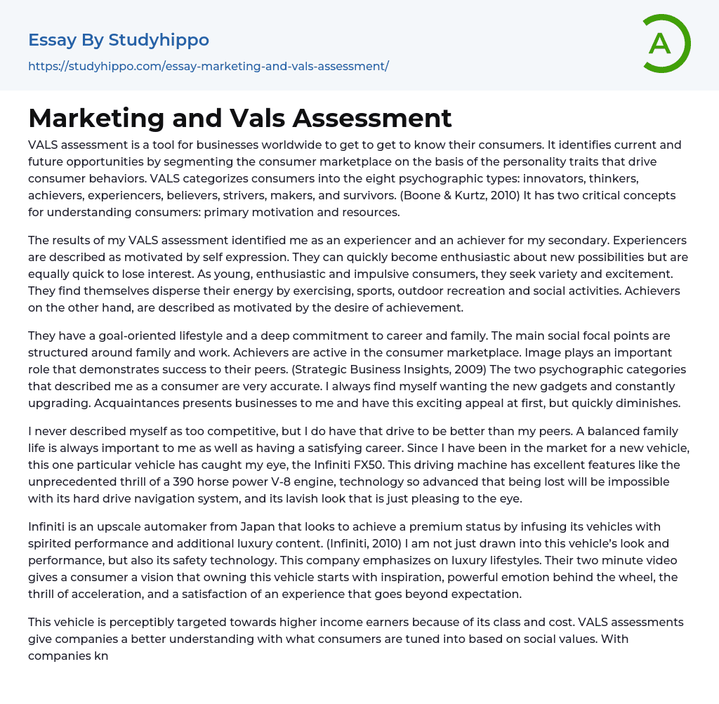 Marketing and Vals Assessment Essay Example