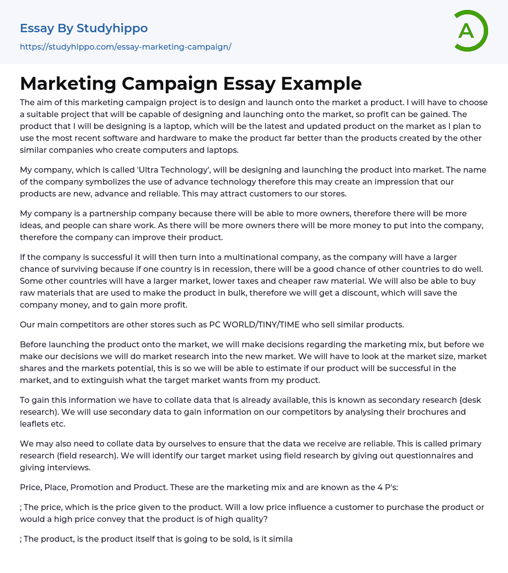 Marketing Campaign Essay Example
