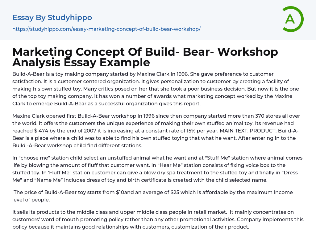 Marketing Concept Of Build- Bear- Workshop Analysis Essay Example