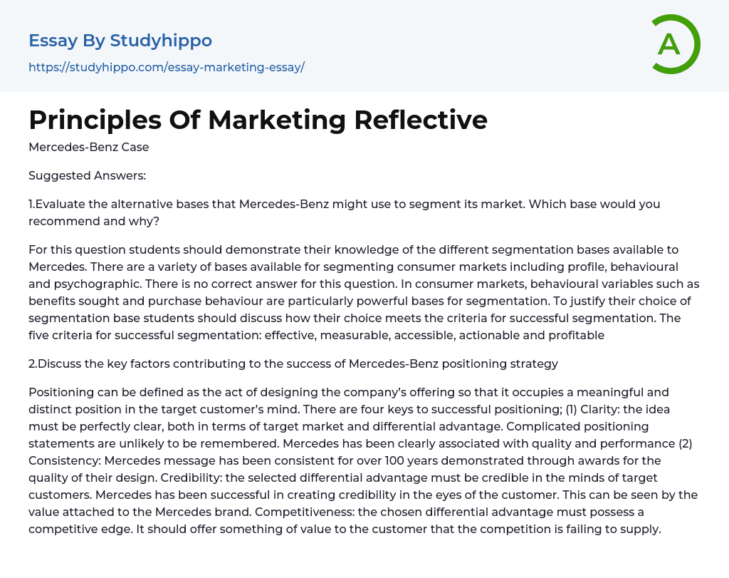 Principles Of Marketing Reflective Essay Example