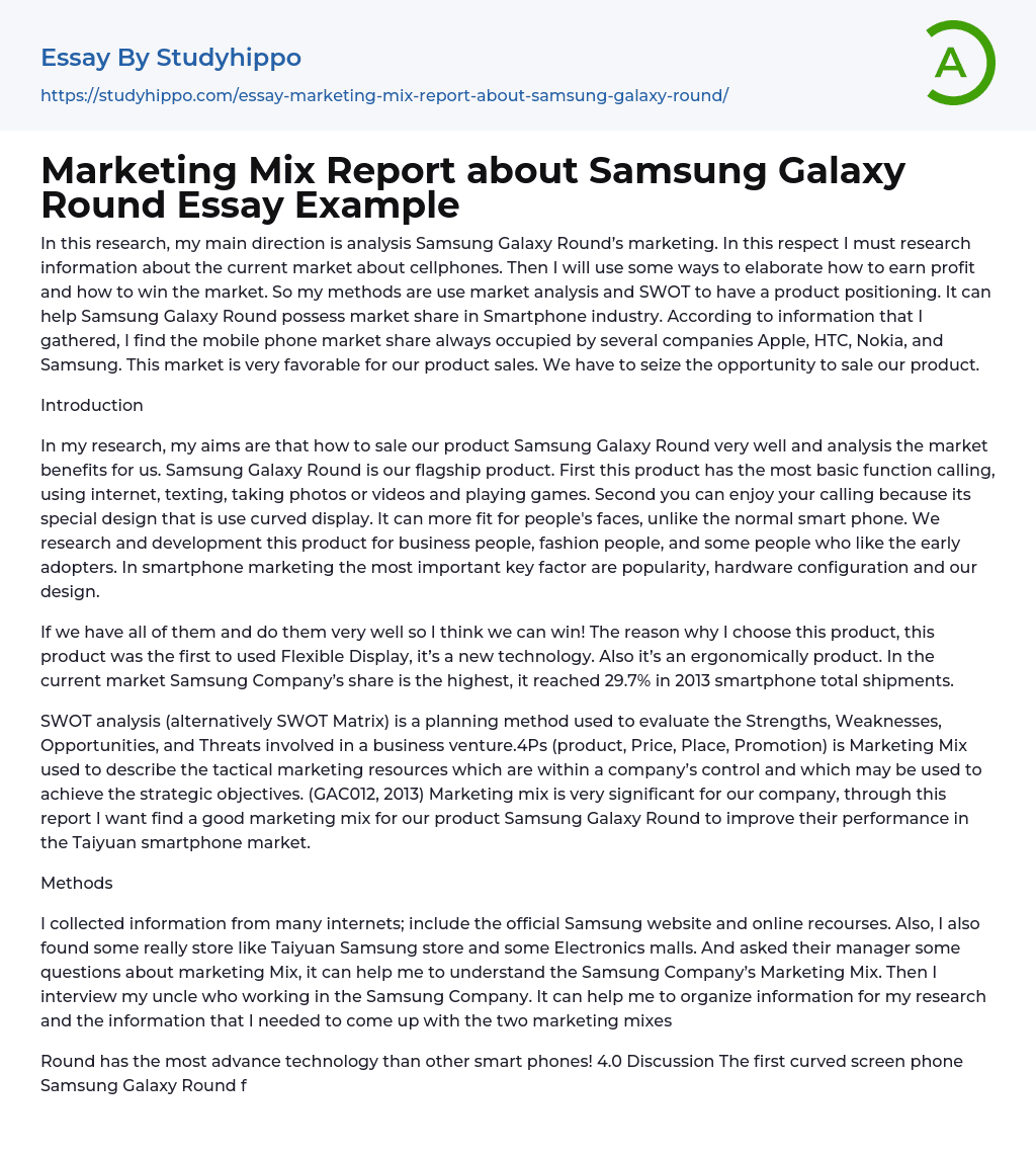 Marketing Mix Report about Samsung Galaxy Round Essay Example
