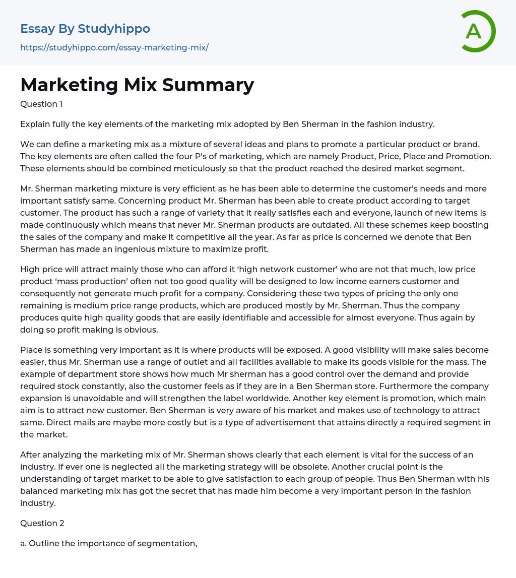 Marketing Mix Summary Essay Example