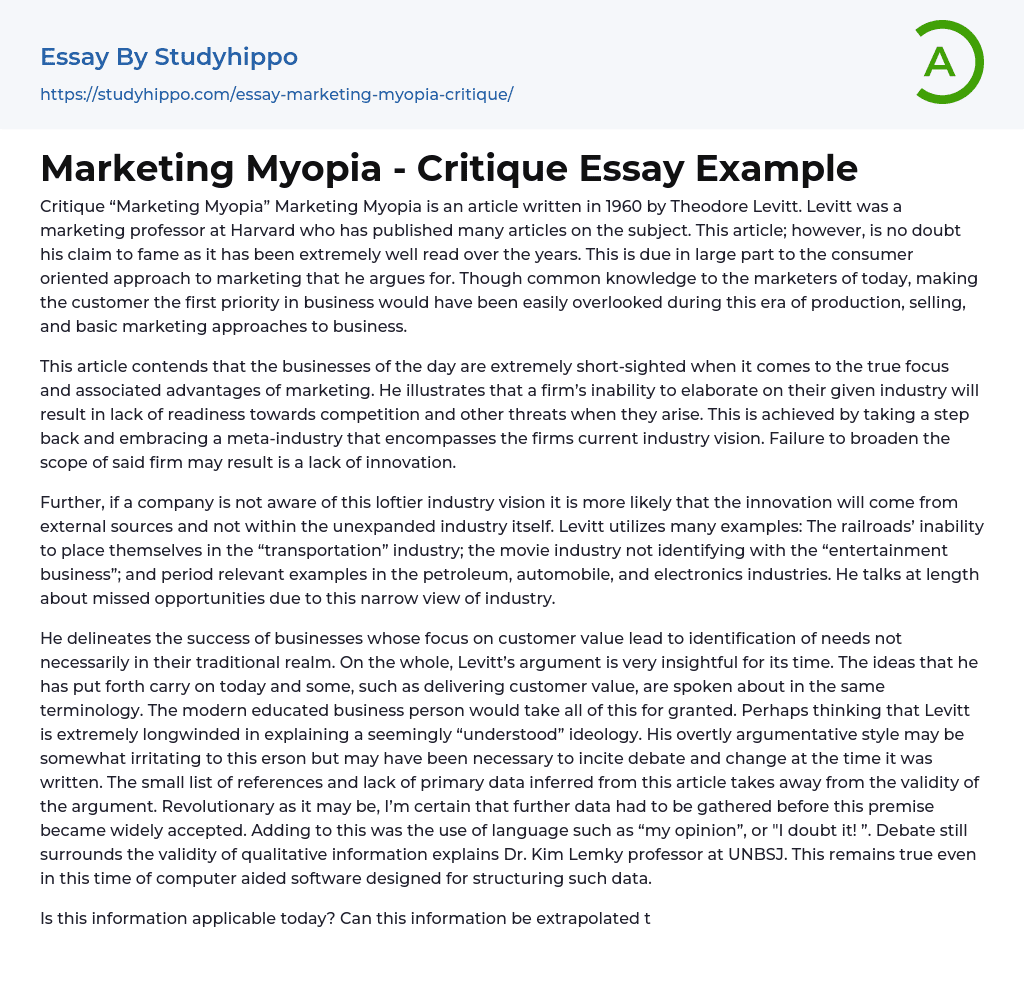 Marketing Myopia – Critique Essay Example