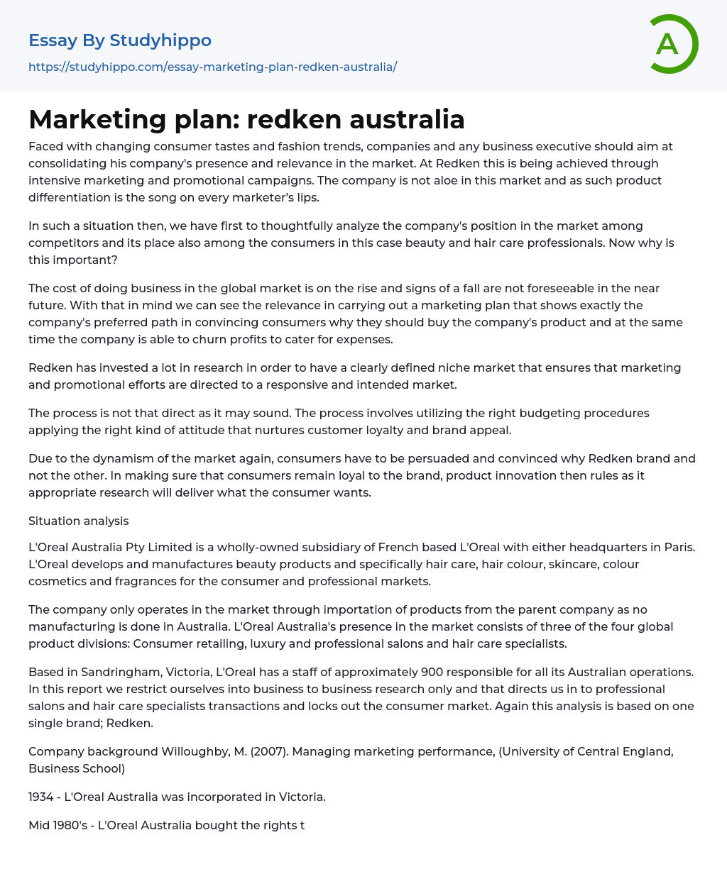 Marketing plan: redken australia Essay Example