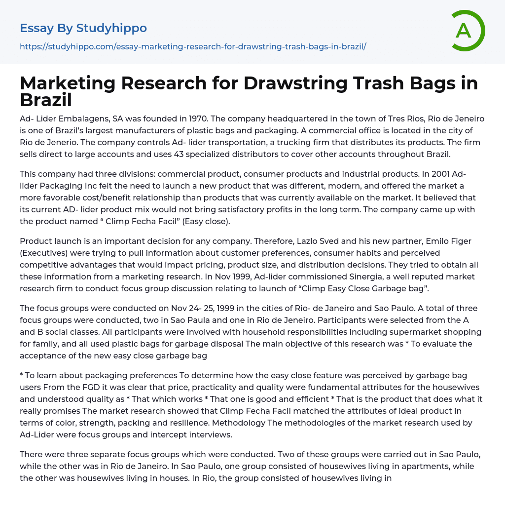 Marketing Research for Drawstring Trash Bags in Brazil Essay Example