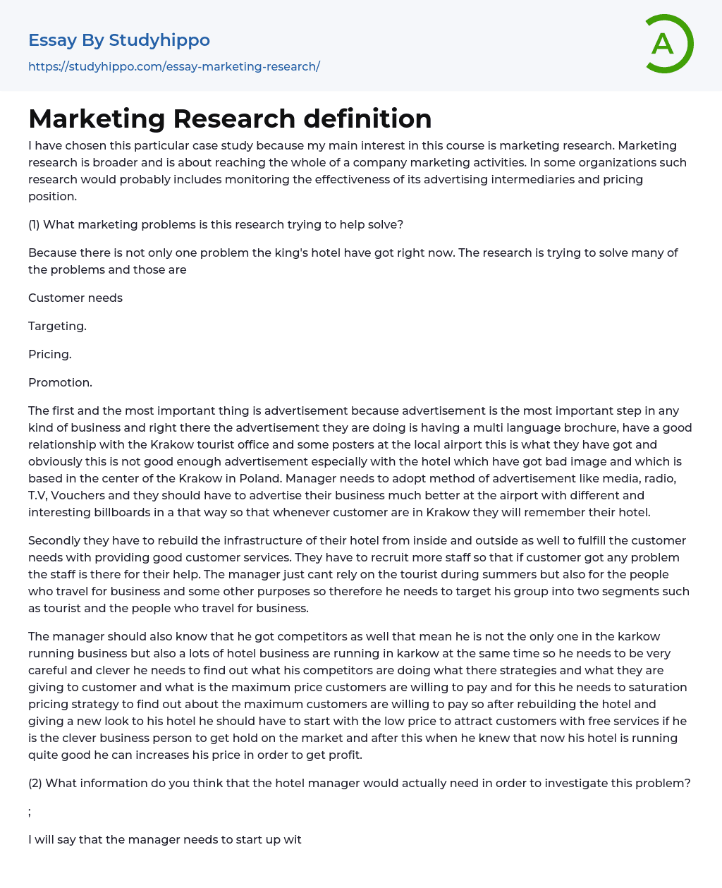 Marketing Research definition Essay Example
