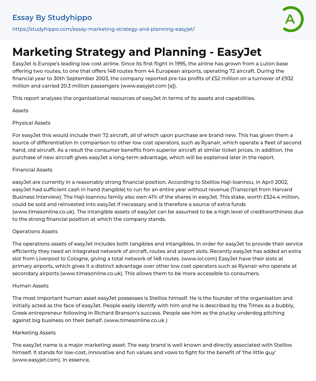 Marketing Strategy and Planning – EasyJet Essay Example