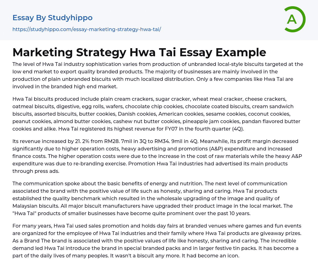 Marketing Strategy Hwa Tai Essay Example